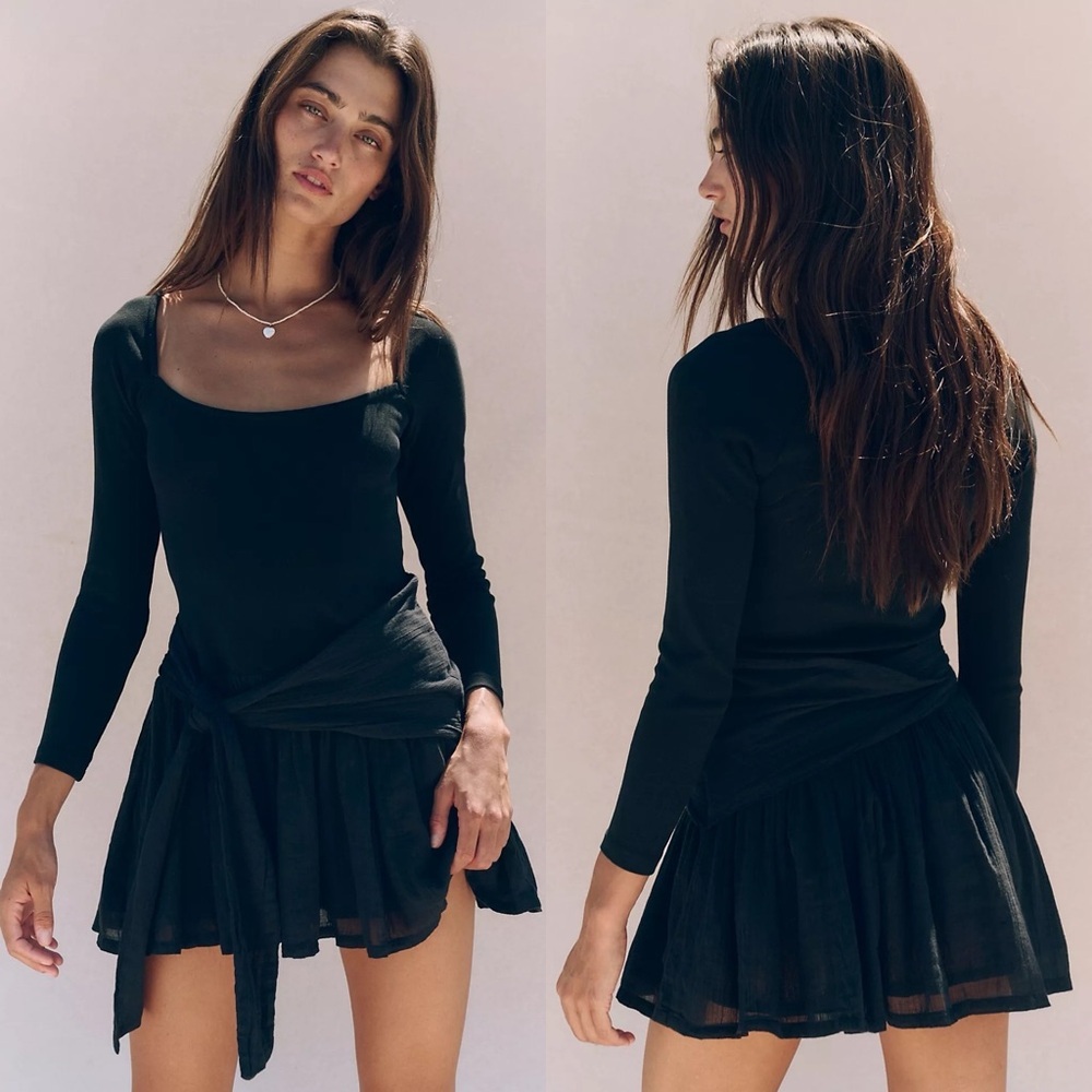 New Free People Free-est Lexi Drop-Waist Mini Dress Black Whimsigoth Balletcore